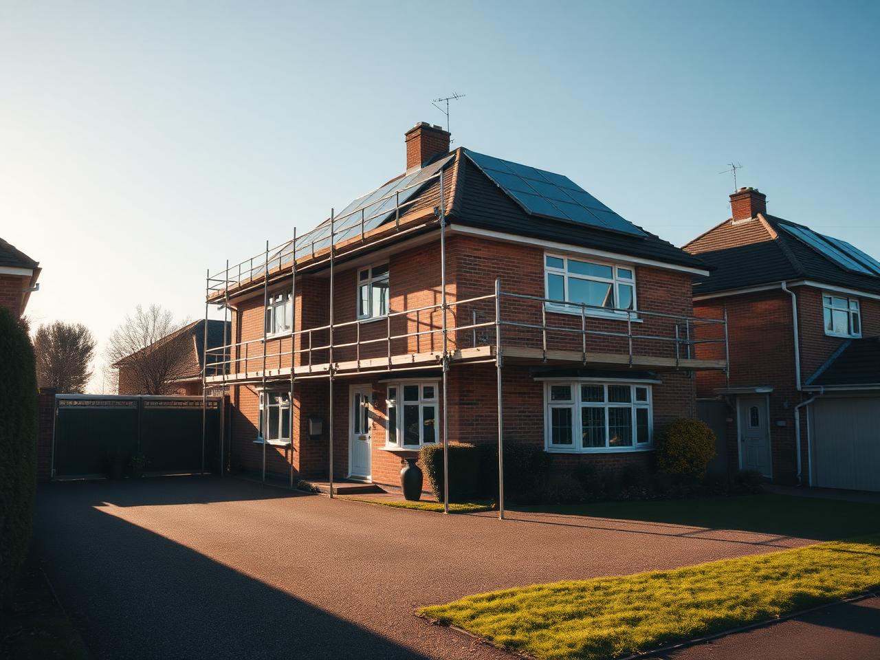A UK house with scaffolding erected around the roofline before a solar installation
