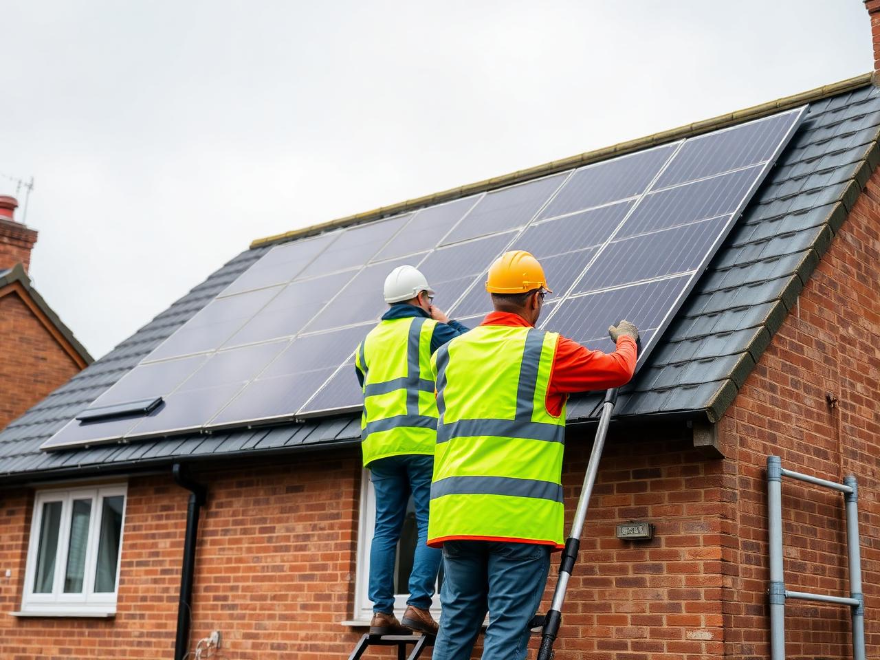 Installers fitting solar panels to the pitched roof of a UK home